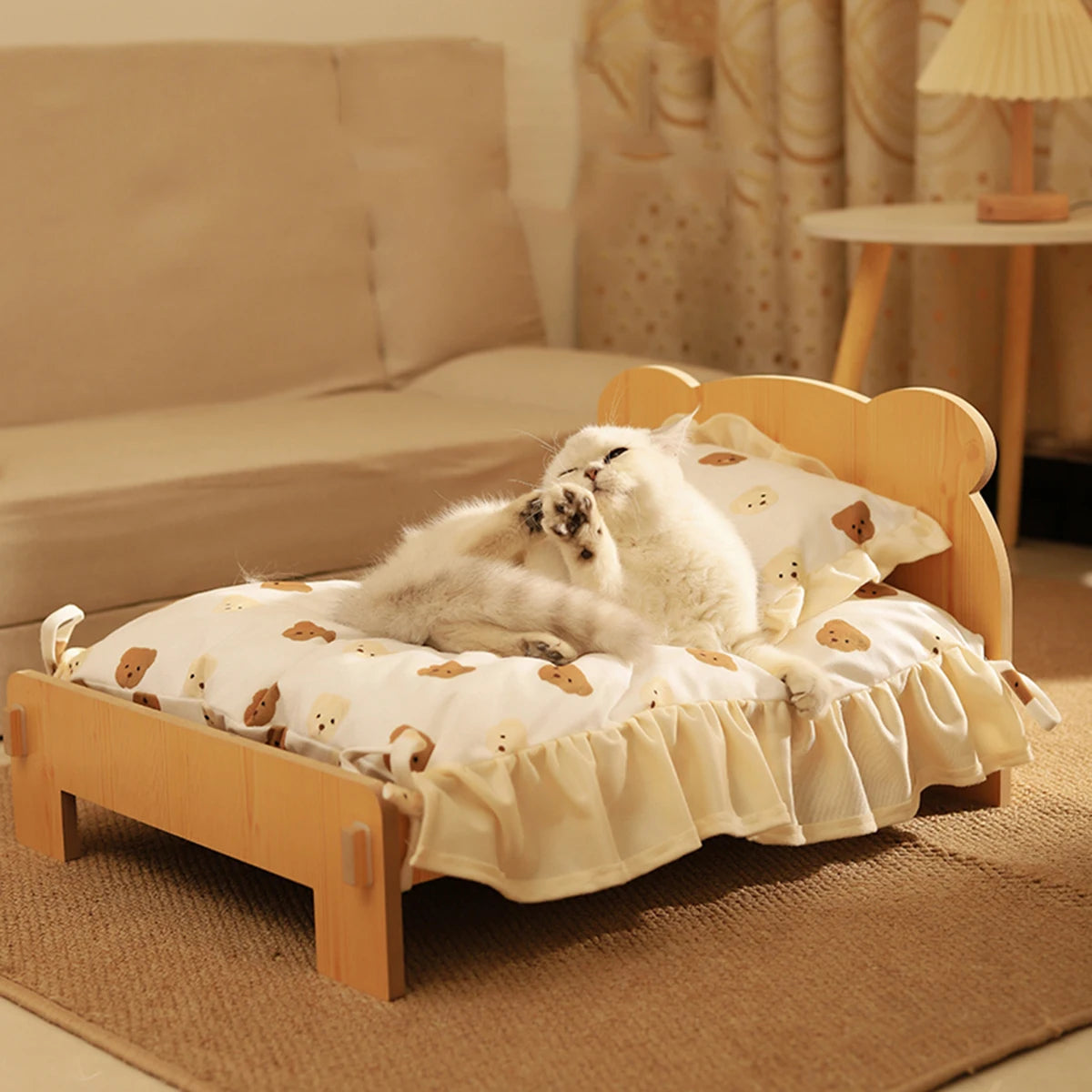 Houten Katten- en Hondenbed – Indoor Pet Bed met Teddybeer-Patroon, Comfortabel & Duurzaam