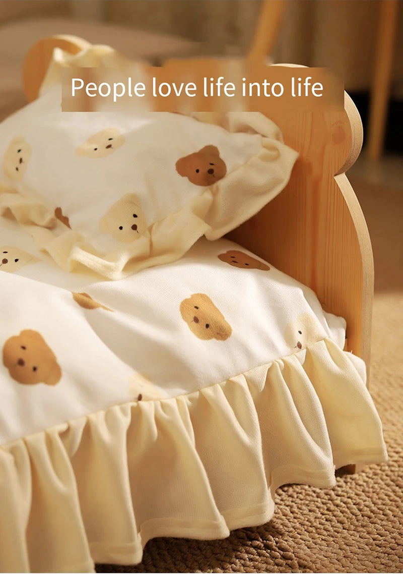 Houten Katten- en Hondenbed – Indoor Pet Bed met Teddybeer-Patroon, Comfortabel & Duurzaam