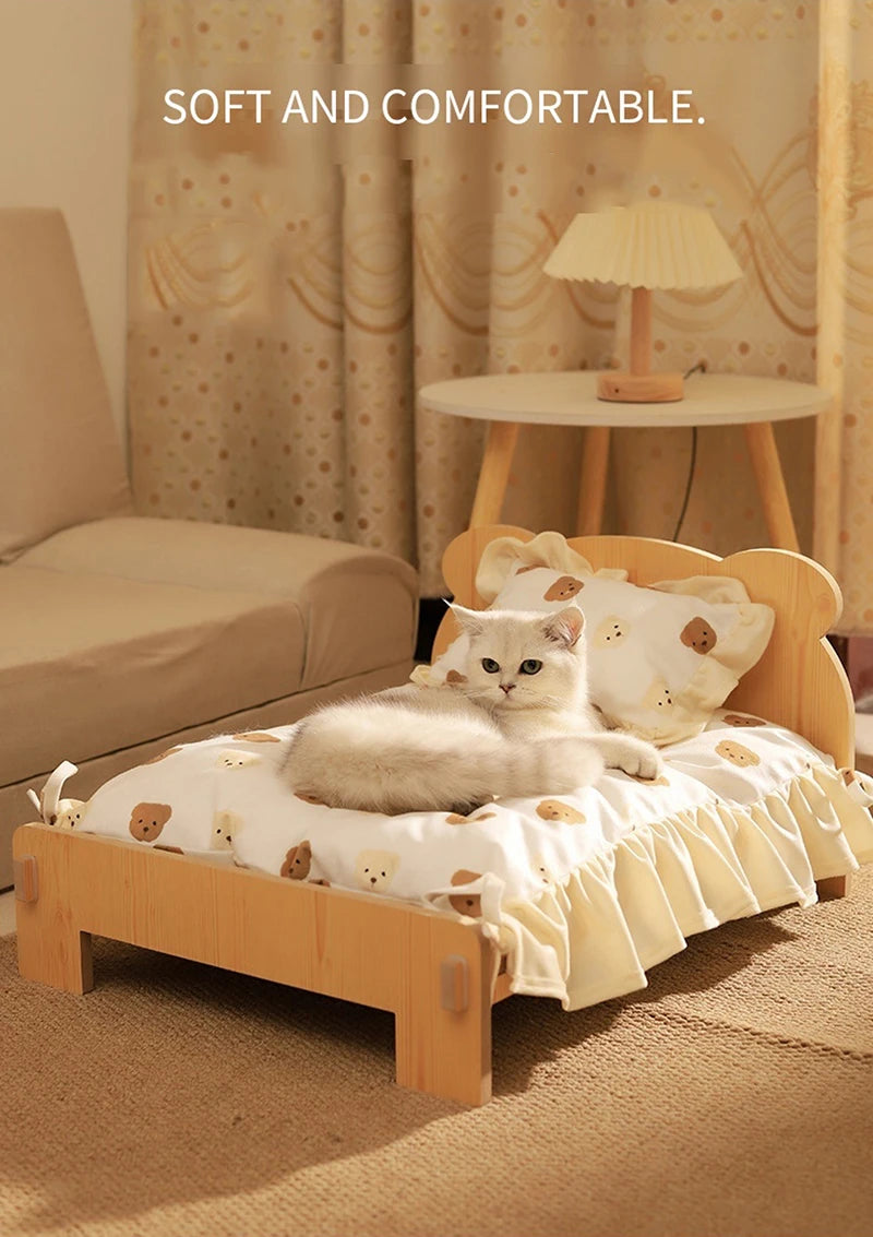 Houten Katten- en Hondenbed – Indoor Pet Bed met Teddybeer-Patroon, Comfortabel & Duurzaam