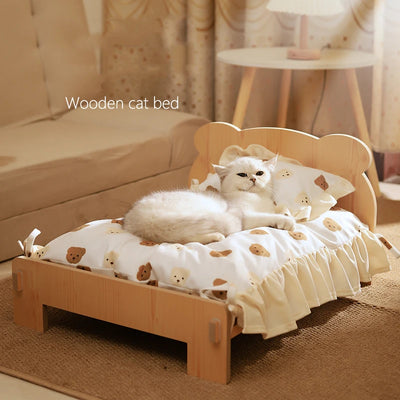 Houten Katten- en Hondenbed – Indoor Pet Bed met Teddybeer-Patroon, Comfortabel & Duurzaam