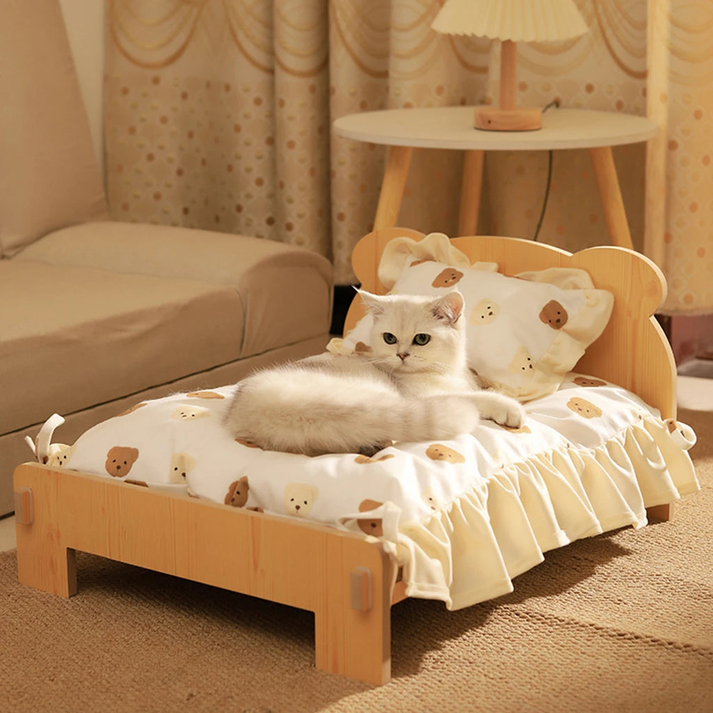 Houten Katten- en Hondenbed – Indoor Pet Bed met Teddybeer-Patroon, Comfortabel & Duurzaam