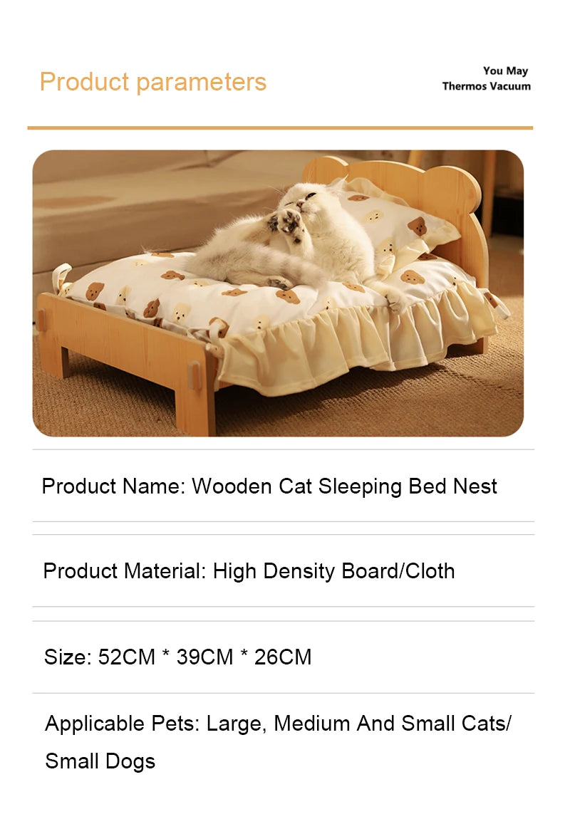 Houten Katten- en Hondenbed – Indoor Pet Bed met Teddybeer-Patroon, Comfortabel & Duurzaam