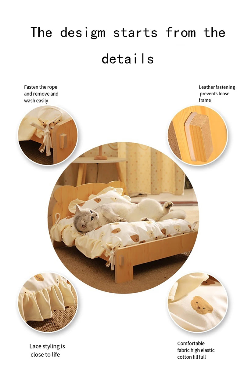 Houten Katten- en Hondenbed – Indoor Pet Bed met Teddybeer-Patroon, Comfortabel & Duurzaam